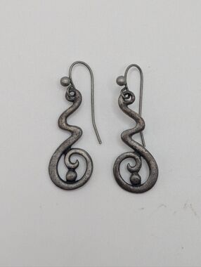 Swirl Design Dandle Earrings, Distressed Metal, EUC